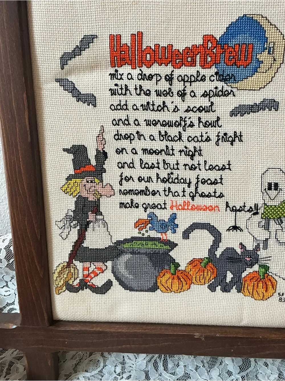 Vintage Completed Halloween Brew Cross Stitch Framed Wood Ox-Bow 1983 Whimsical